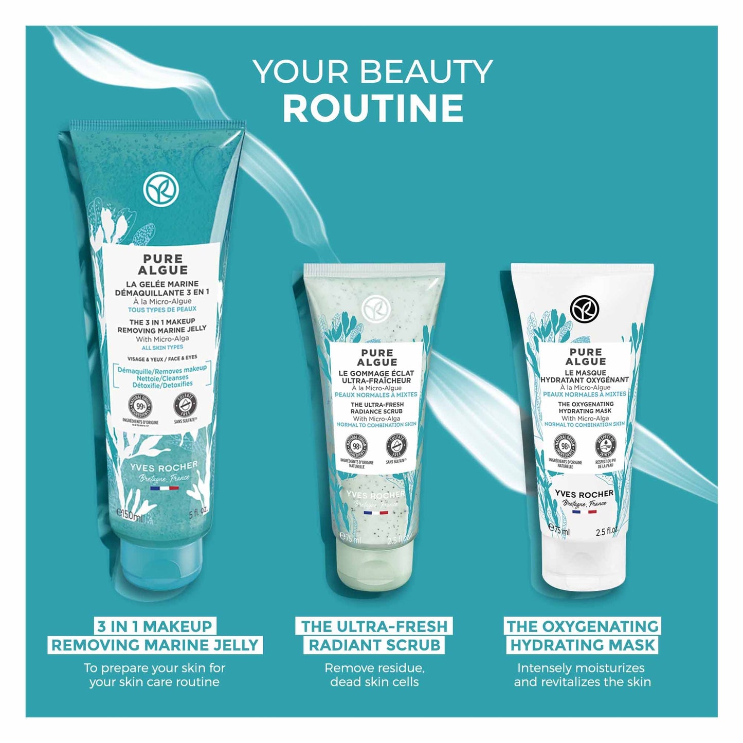 Yves Rocher The Oxygenating Hydrating Mask – Pure Algue | For Normal to Combination Skin | Moisturize & Revitalize | 2.5 fl oz