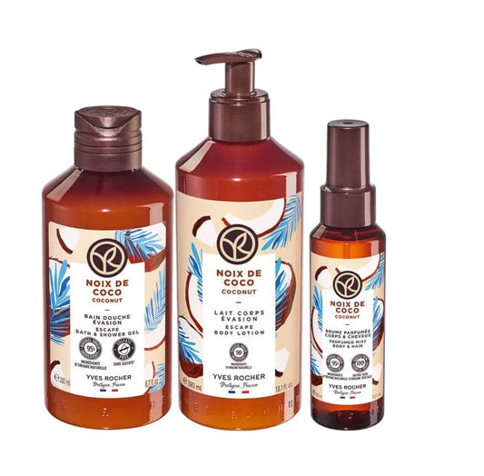 Yves Rocher Coconut Nourishing Shower Gel Body Nourishing Milk Perfumed Body Mist Spray Women Day Care 200 ml./6.7fl.oz. 100 ml./3.3 fl.oz. 390 ml./13.1 fl.oz. Set of 3 Best Gift Kit