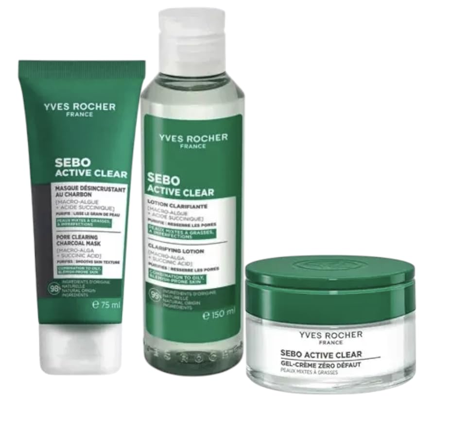 Yves Rocher Sebo Active Clear Anti-Imperfection Cleansing Tonic Lotion Pore-Cleansing Charcoal Mask and Gel Cream All Skin Types Set of 3-150 ml / 5 flOz 75 ml / 2.5 flOz 50 ml / 1.7 flOz