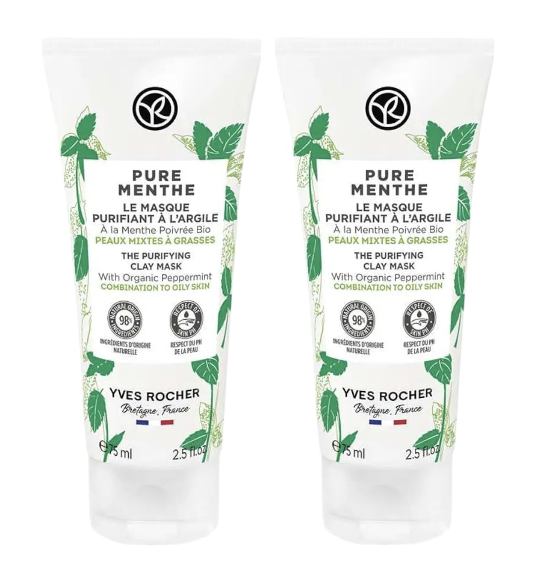 Yves Rocher Pure Menthe Purifying Clay Mask for Oily and Combination Skin Set of 2 Best Gift Kit - 75 ml./2.5 fl.oz.