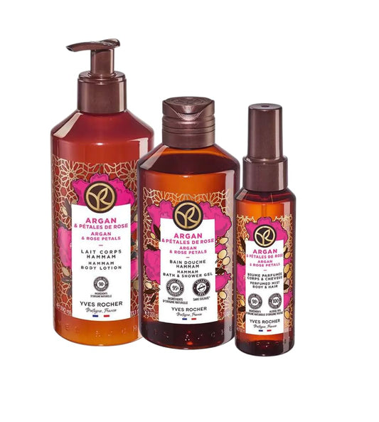 Yves Rocher Argan and Rose Petals Shower Gel Body Nourishing Milk Perfumed Spray Mist Women Day Care 200 ml./6.7fl.oz. 390 ml./13.2 fl.oz. 100 ml./3.3 fl.oz. Set of 3 Best Gift Kit