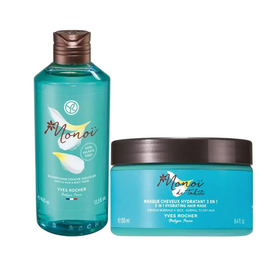Yves Rocher Monoï de Tahiti Monoi 3 in 1 Moisturizing Hair Mask Night Care Conditioner and Gel Set of 2 All Hair Types 400 ml./13.5 fl.oz. 250 ml./8.4 fl.oz.