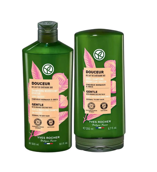 Yves Rocher Shampoo Conditioner Set of 2 Soft and Silky Hair with Chestnut Milk - Gentle Care for Smooth, Hydrated Hair - Softness That Lasts 24 Hours - 300 ml. / 10.1 fl.oz. 200 ml./6.7 fl.oz.
