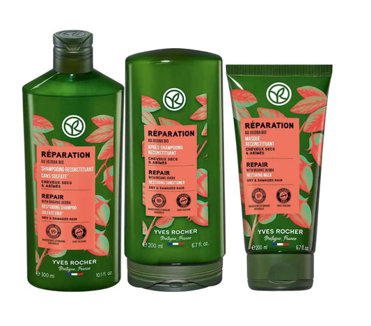 Yves Rocher Shampoo Conditioner and Mask Set of 3 Nourishing & Restoring Jojoba Oil Deep Hydration & Repair – Silicone-Free - 300 ml / 10.1 fl oz 200 ml./6.7 fl.oz.