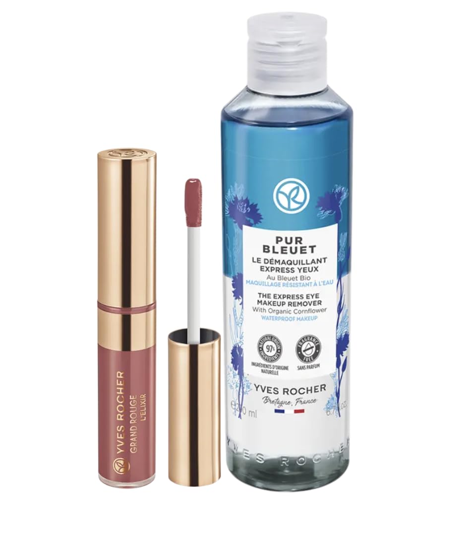 Yves Rocher Pur Bleuet Express Mooisturising Eye Makeup Remover and Grand Rouge l'Elixir Liquid Matte Lipstick Shade 101 Set of 2-100 ml./3.3 fl.oz. and 7 ml