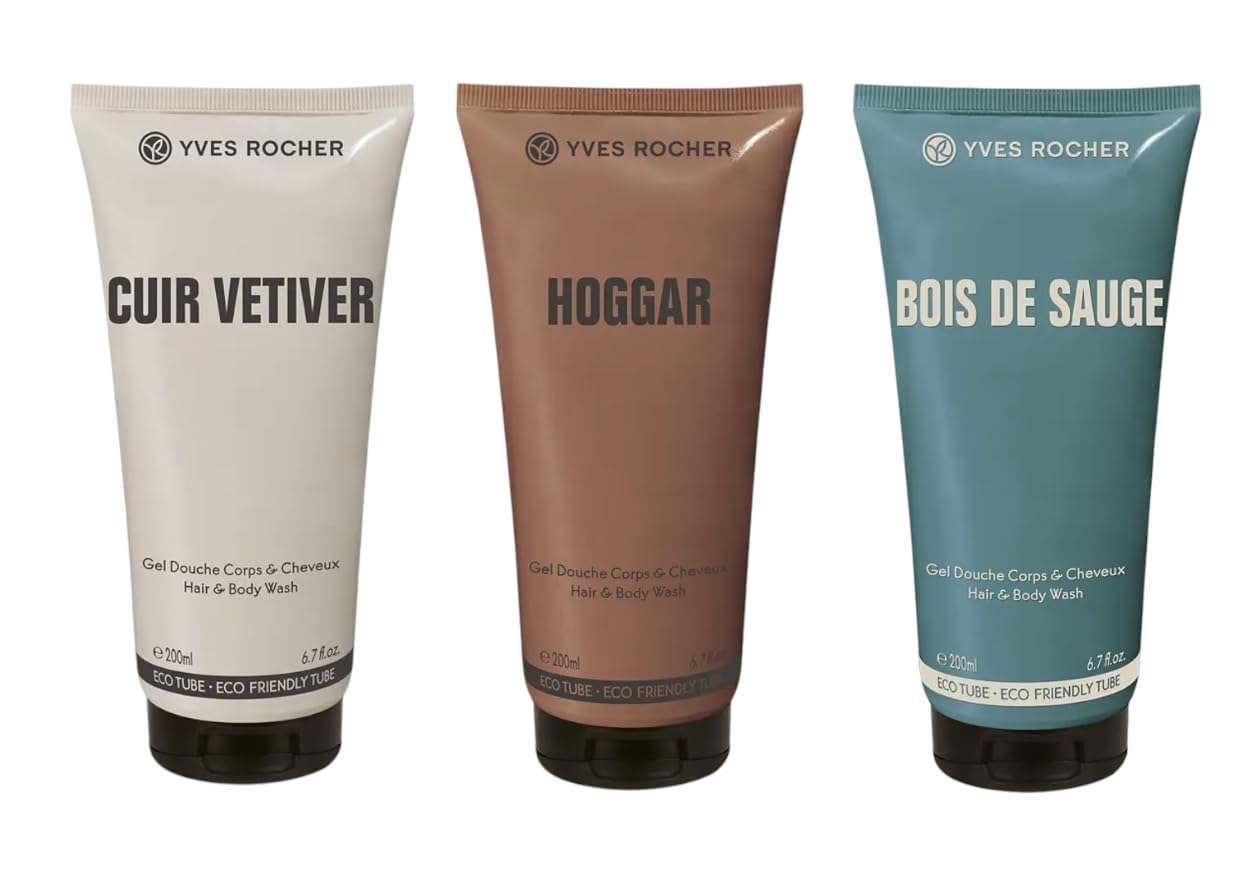 Yves Rocher Cuir Vetiver Hoggar and Bois De Sauge Set of 3 Shampoo Perfumed Shower Gel Men's All-in-One Cleansing Daily Use Long-Lasting Fragrance Best Gift Kit - 200ml./6.7flOz