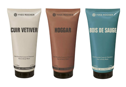 Yves Rocher Cuir Vetiver Hoggar and Bois De Sauge Set of 3 Shampoo Perfumed Shower Gel Men's All-in-One Cleansing Daily Use Long-Lasting Fragrance Best Gift Kit - 200ml./6.7flOz