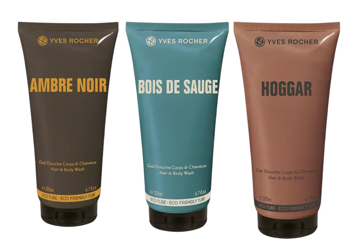 Yves Rocher Men's Hair & Body Wash Set – Ambre Noir, Hoggar & Bois de Sauge Each – All-in-One Cleansing, Invigorating Scents, Long-Lasting Fragrance 200ml / 6.7 flOz