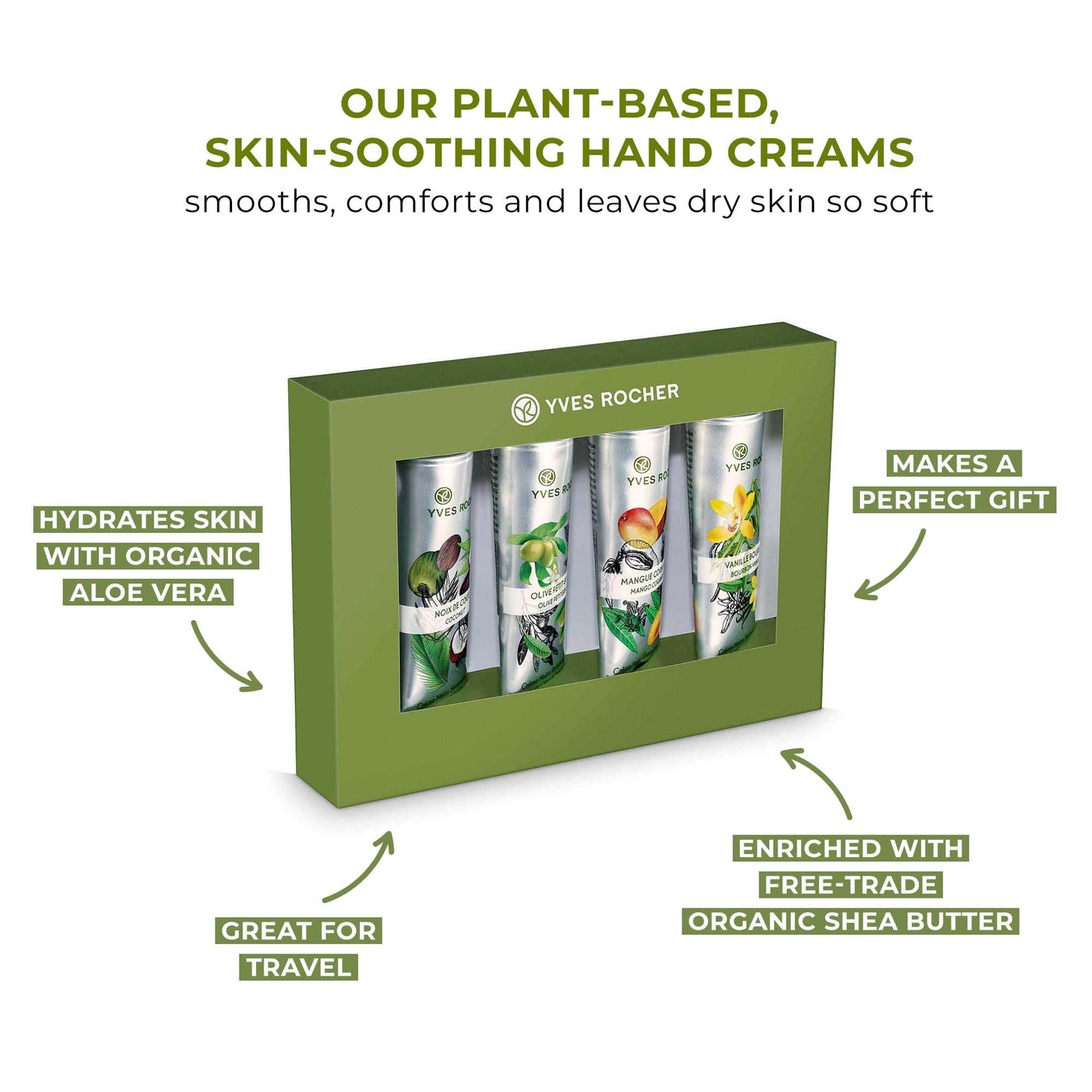 Yves Rocher Kit of Plaisirs Nature Hand Creams | 4 Travel-Sized Hand Lotion with Shea Butter for Dry Skin | 1.01 Fl Oz Each