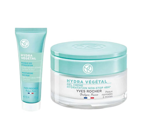 Yves Rocher Hydra Vegetal SOS Face Mask Deep Skin Hydration 48h Non-Stop Moisturizing Gel Cream Set of 2-50 ml./1.7 fl.oz. and 30 ml./1 fl.oz.