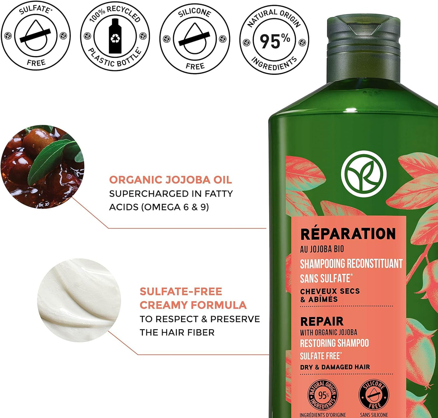 Yves Rocher Reparation Duet for Nourishing and Restoring Hair with Jojoba Oil Shampoo and Balm-Conditioner Set