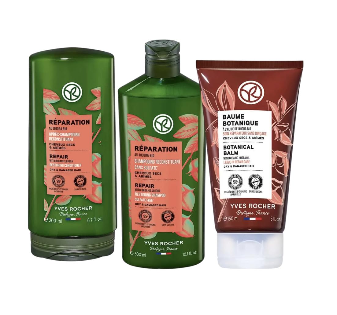 Yves Rocher Daily Hair Care Set of 3 Nourishing & Restoring Jojoba Oil Hair Universal Care Shampoo, Conditioner and Mask Kit - 300 ml / 10.1 fl oz, 200 ml./6.7 fl.oz. and 150 ml./5 fl.oz.