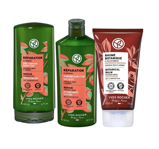 Yves Rocher Daily Hair Care Set of 3 Nourishing & Restoring Jojoba Oil Hair Universal Care Shampoo, Conditioner and Mask Kit - 300 ml / 10.1 fl oz, 200 ml./6.7 fl.oz. and 150 ml./5 fl.oz.