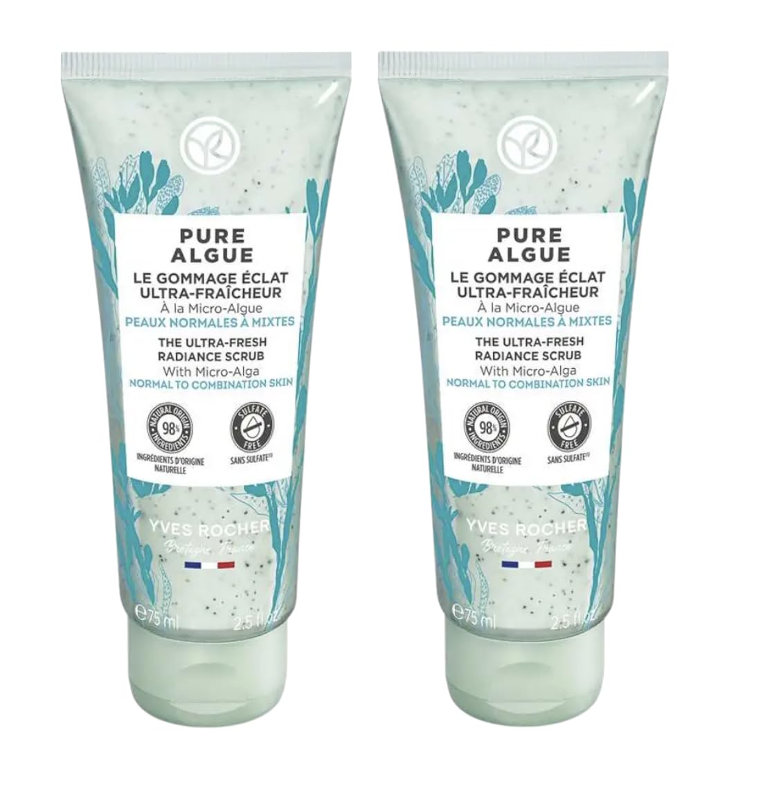 Yves Rocher Pure Algue Ultra-Fresh Facial Scrub Women Day Skin Face Care Set of 2 Best Gift Kit - 75 ml. / 2.5 fl.oz.