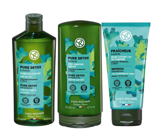 Yves Rocher Purity Pure Detox Deep Cleaning Purifying Conditioner and Shampoo Scrub Mask Set of 3-300 ml./10.1 fl.oz. and 200 ml./6.7 fl.oz.
