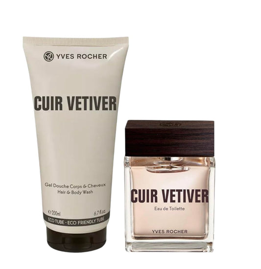 Yves Rocher Cuir Vétiver Eau de Toilette & Perfumed Body Shower Gel for Men Set of 2-200 ml./6.7 fl.oz. and 50 ml./1.7 fl.oz.