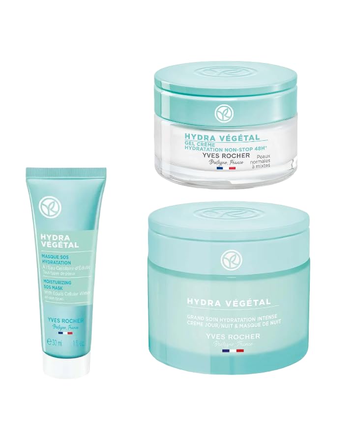 Yves Rocher Hydra Vegetal SOS Face Mask Deep Skin Hydration 48h Non-Stop Moisturizing Gel Cream and Gel for Eye Contour Set of 3-50 ml./1.7 fl.oz. and 30 ml./1 fl.oz. and 15 ml./0.5 fl.oz.