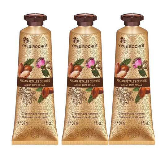 Yves Rocher Moisturizing Argan and Rose Petals Hand Cream - 30 ml. / 1 fl.oz. Set of 3 Best Gift Kit