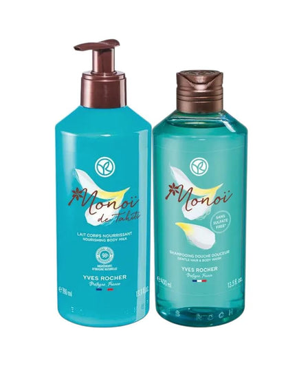 Yves Rocher Monoï de Tahiti Monoi Moisturizing Body Milk and Gel Set of 2 Coconut and Tiare Scent Lotion All Skin Types 390 ml./13.1 fl.oz. 400 ml./13.5 fl.oz.