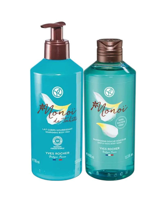 Yves Rocher Monoï de Tahiti Monoi Moisturizing Body Milk and Gel Set of 2 Coconut and Tiare Scent Lotion All Skin Types 390 ml./13.1 fl.oz. 400 ml./13.5 fl.oz.