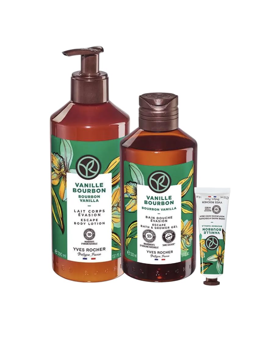 Yves Rocher Bourbon Vanilla Nourishing Shower Gel Body Nourishing Milk Perfumed Hand Cream Set of 3 Women Day Care 200 ml./6.7fl.oz. 30 ml./1 fl.oz. 390 ml./13.1 fl.oz. Best Gift Kit