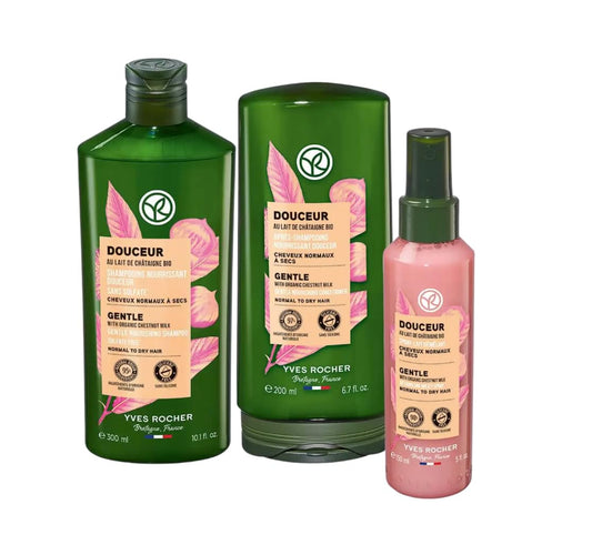 Yves Rocher Shampoo Conditioner Hair Smoothing Spray Set of 3 Soft Silky Hair with Chestnut Milk - 300 ml. / 10.1 fl.oz. 200 ml./6.7 fl.oz. 100 ml./3.3 fl.oz