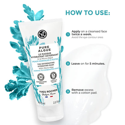 Yves Rocher The Oxygenating Hydrating Mask – Pure Algue | For Normal to Combination Skin | Moisturize & Revitalize | 2.5 fl oz