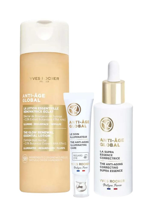 Yves Rocher Anti-Age Global Radiance Activator Lotion Hydrating Face Lotion and Eye Cream and Anti Age Serum Set of 3-122ml / 4.1 flOz and 50 ml./1.7 fl.oz. and 15 ml./0.5 fl.oz.