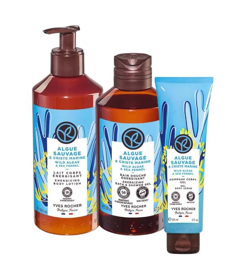 Yves Rocher Wild Algae & Sea Fennel Shower Gel Body Nourishing Milk Body Scrub Exfoliating Cream Women Day Care 200 ml./6.7fl.oz. 390 ml./13.2 fl.oz. 150 ml./5 fl.oz. Set of 3 Best Gift Kit