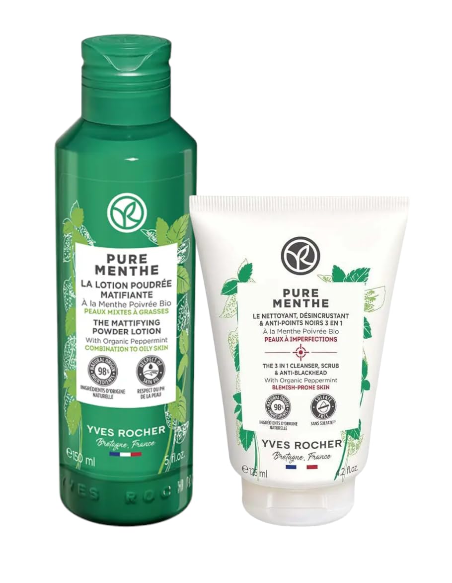 Yves Rocher Pure Menthe Matte Mint Lotion-Powder Oil-Control Toner and Gel Scrub Botanical Mint Women Men Set of 2 – 150ml / 5.07 flOz 125 ml./4.2 fl.oz.