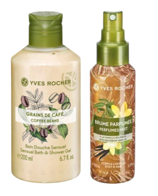 Yves Rocher Sensual Bath & Shower Gel Nourishing Moisturising - Coffee Beans and Bourbon Vanilla Body Mist Spray Set of 2 200 ml./6.7 fl.oz. 100 ml./3.3 fl.oz.Best Kift Kit