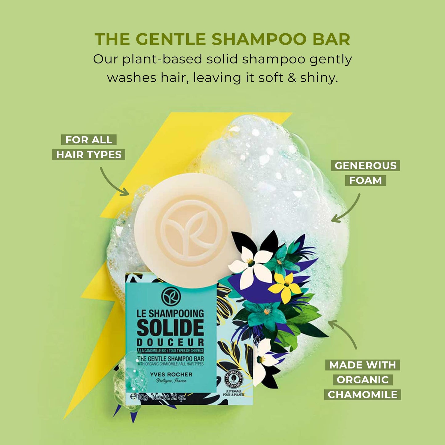 Yves Rocher Gentle Shampoo Bar ? Chamomile ? All Hair Types ? 60g ? 1 Ct