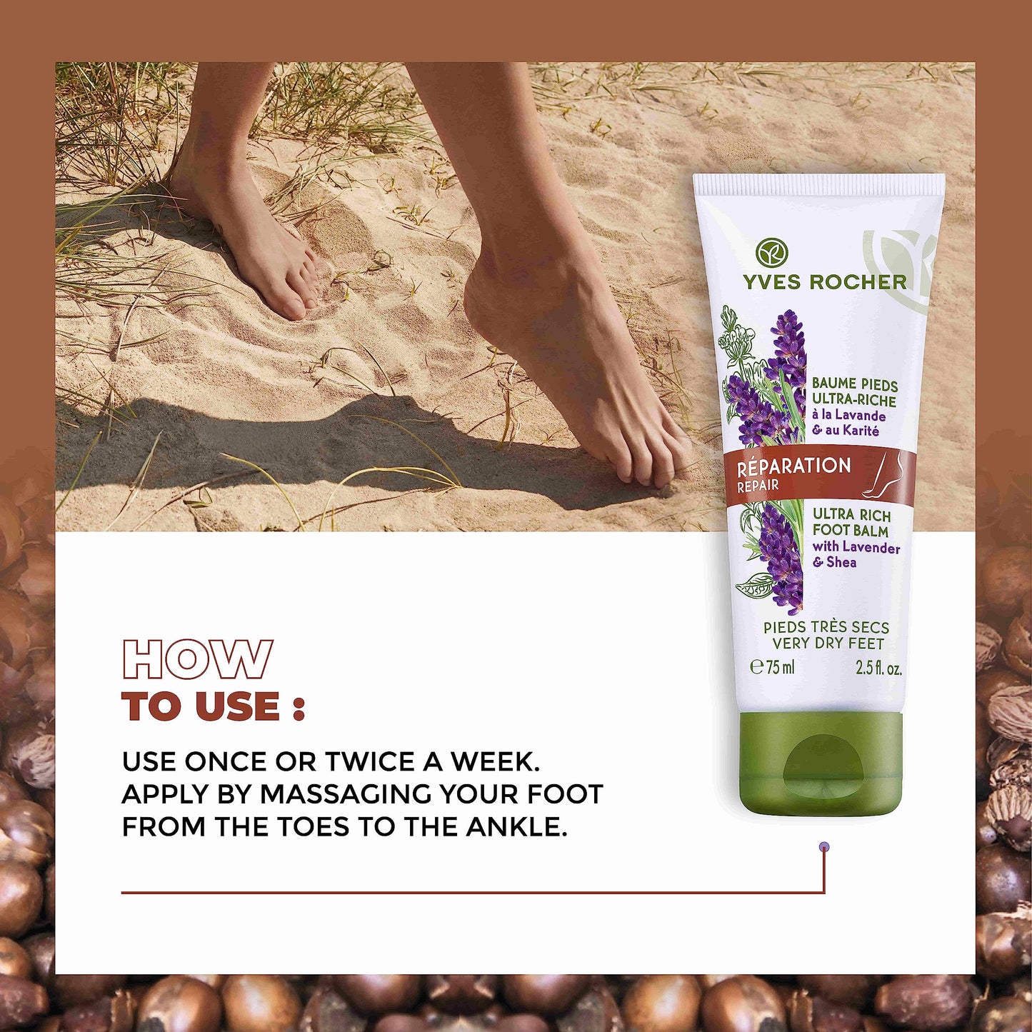 Yves Rocher Ultra Rich Foot Balm | Relieve Dry, Cracked Feet with Shea and Lavender | 2.5 fl oz