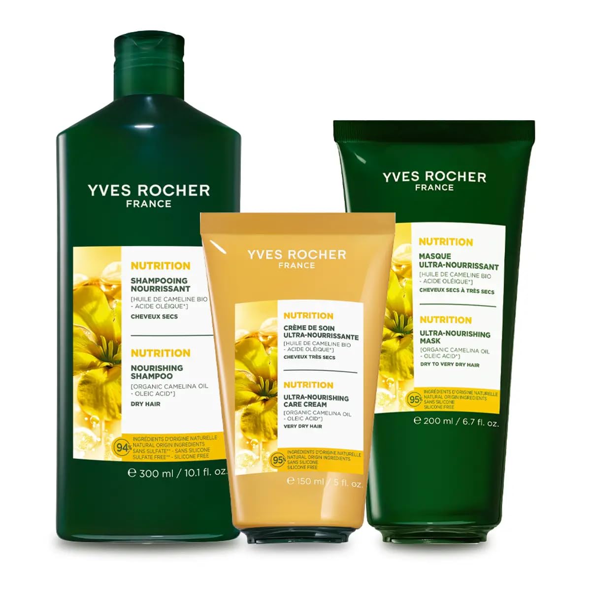 Yves Rocher Intensively Nourishing Hair Live in Cream Shampoo and Mask Set of 3 Camelina Coconut Oil and She Butter Manageable Hair 230°C - 5 fl.oz 6.7 fl.oz.10.1 fl.oz.