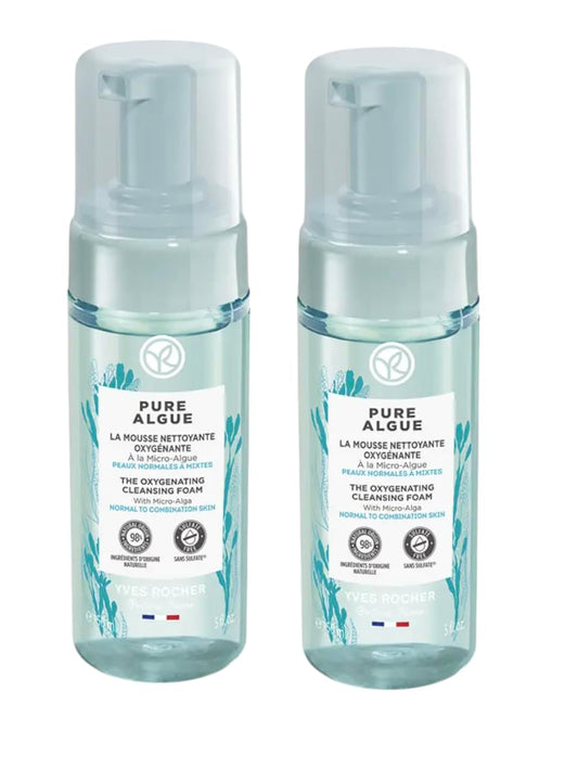 Yves Rocher Pure Algue Oxygenating Cleansing Foam for Normal to Combination Skin Set of 2 Best Gift Kit 150 ml./5 fl.oz.