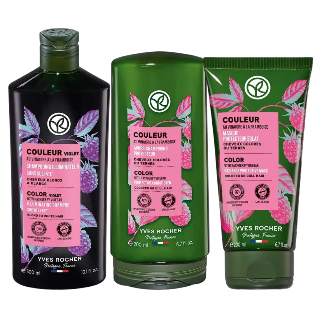 Yves Rocher Color Protection and Shine Dyed Hair Mask, Conditioner and Violet Shampoo Set of 3-300 ml./10.1 fl.oz. and 200 ml./6.7 fl.oz.
