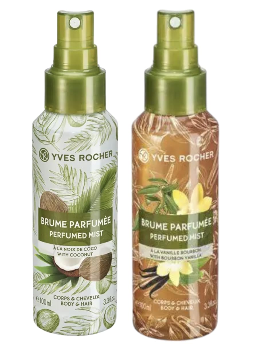 Yves Rocher Sweet Bourbon Vanilla and Coconut Hair and Body Spray Long Lasting Mist Women 100 ml./3.3 fl.oz. Set of 2 Best Gift Kit