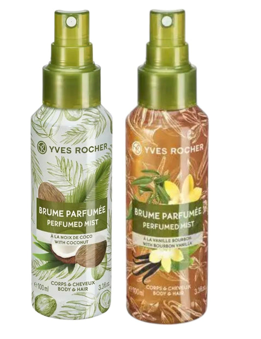 Yves Rocher Sweet Bourbon Vanilla and Coconut Hair and Body Spray Long Lasting Mist Women 100 ml./3.3 fl.oz. Set of 2 Best Gift Kit