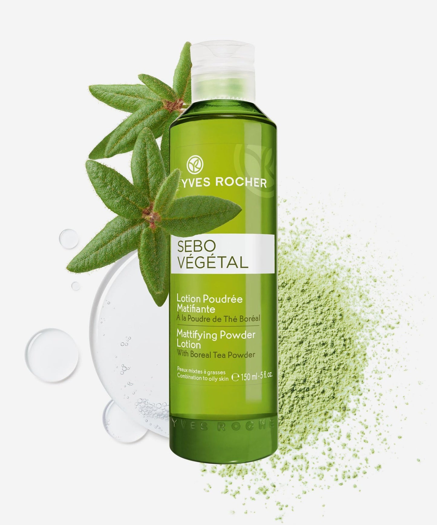 Yves Rocher Sebo Vegetal Mattifying Powder Lotion, 150ml/5flOz - Controls Shine, Reduces Oil, Purifies Skin, Refreshes Skin, Tightens Pores, Combination to Oily Skin, Daily Use