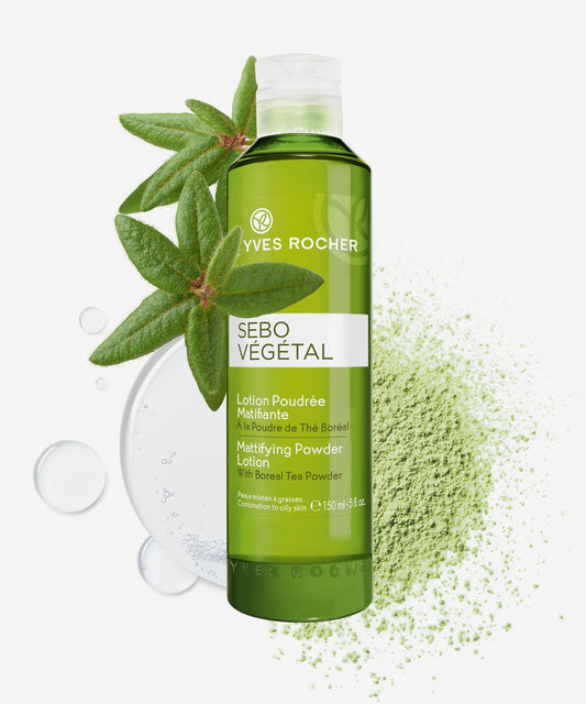Yves Rocher Sebo Vegetal Mattifying Powder Lotion, 150ml/5flOz - Controls Shine, Reduces Oil, Purifies Skin, Refreshes Skin, Tightens Pores, Combination to Oily Skin, Daily Use