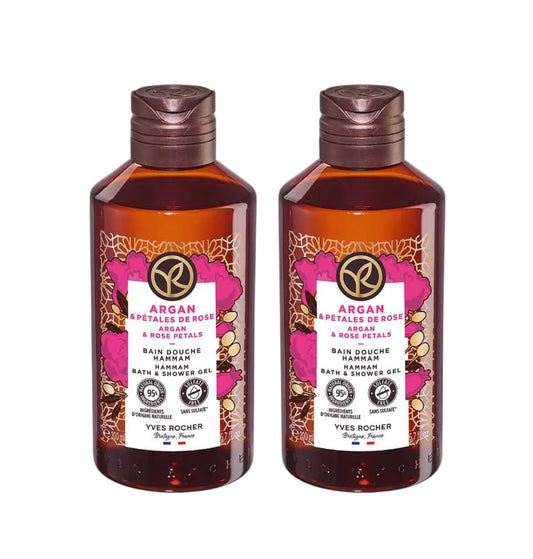 Yves Rocher Argan and Rose Petals Nourishing Shower Gel Bath & Body Routine Women Men Day Care 200 ml./6.7fl.oz. Set of 2 Best Gift Kit