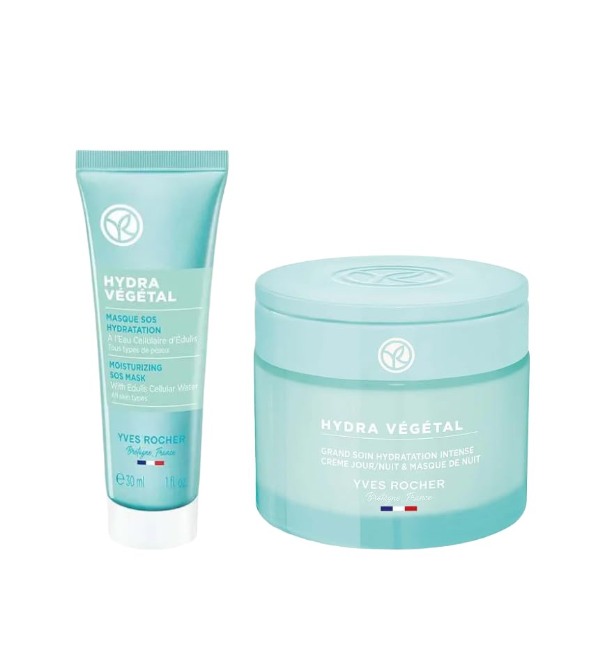 Yves Rocher Hydra Vegetal SOS Face Mask Deep Skin Hydration Day/Night Mask Set of 2-75 ml. / 2.5 fl.oz. and 30 ml./1 fl.oz.