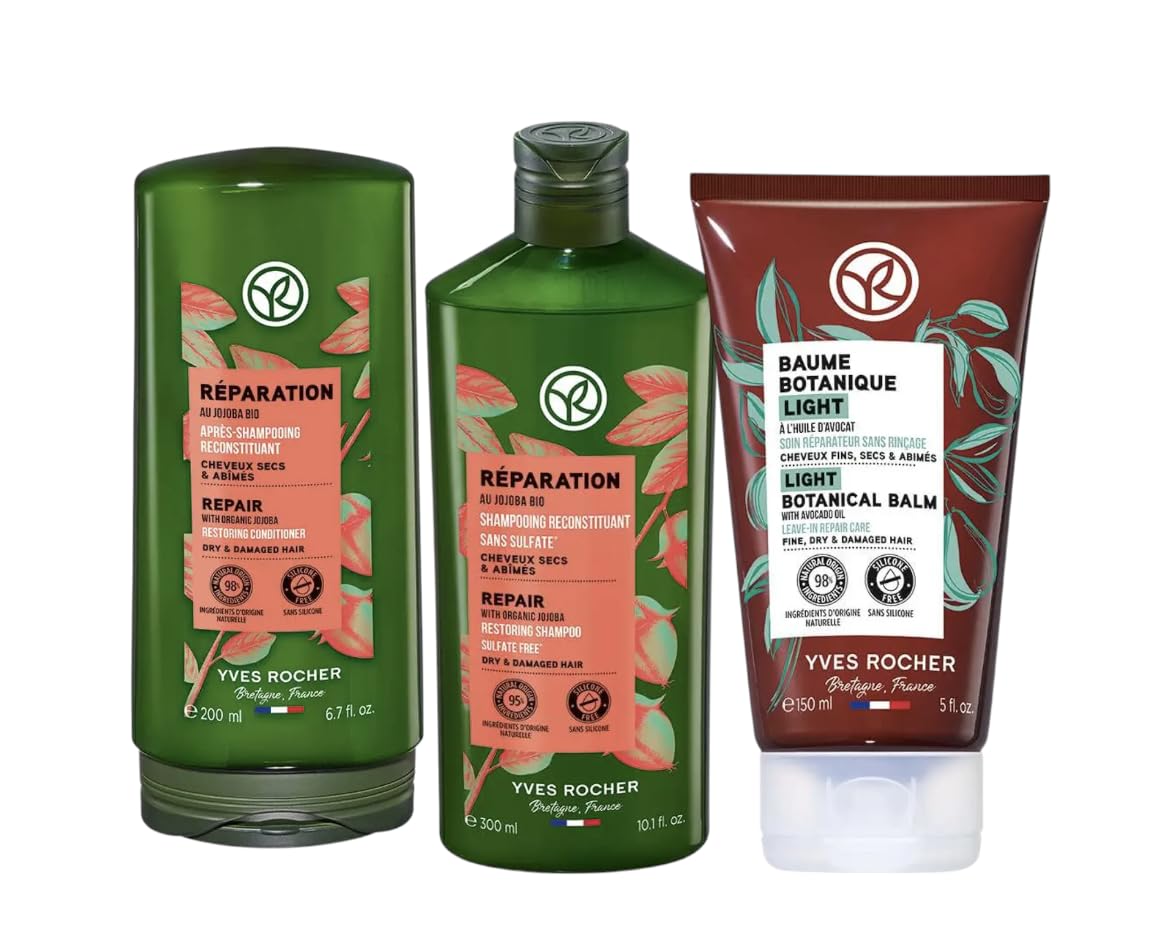 Yves Rocher Daily Hair Care Set of 3 Nourishing & Restoring Avocado Oil Hair Universal Care Shampoo, Conditioner and Mask Kit - 300 ml / 10.1 fl oz, 200 ml./6.7 fl.oz. and 150 ml./5 fl.oz.