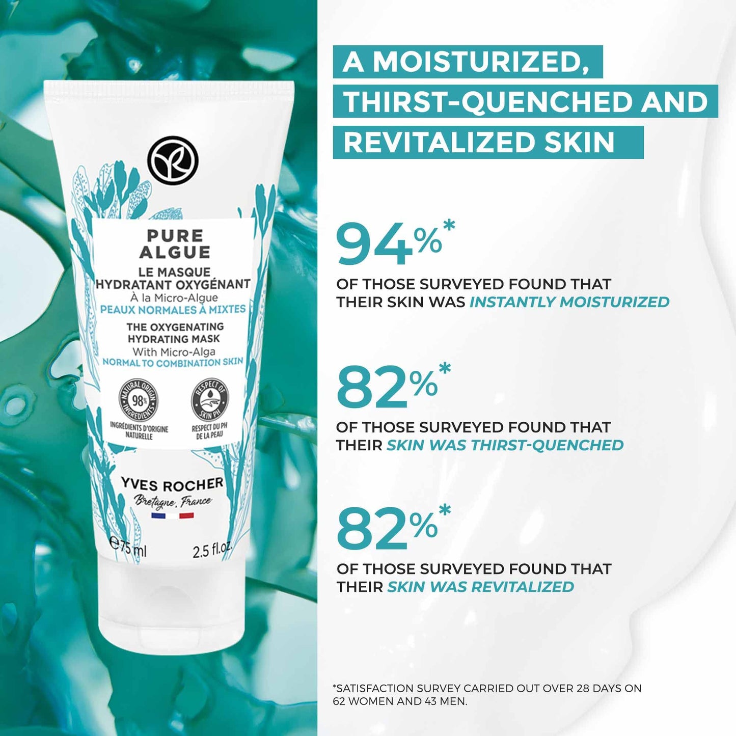 Yves Rocher The Oxygenating Hydrating Mask – Pure Algue | For Normal to Combination Skin | Moisturize & Revitalize | 2.5 fl oz
