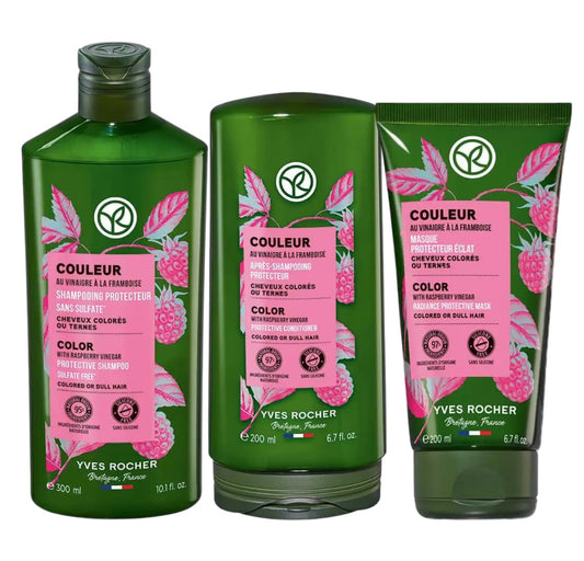 Yves Rocher Color Protection and Shine Dyed Hair Mask, Conditioner and Shampoo Set of 3-300 ml./10.1 fl.oz. and 200 ml./6.7 fl.oz.