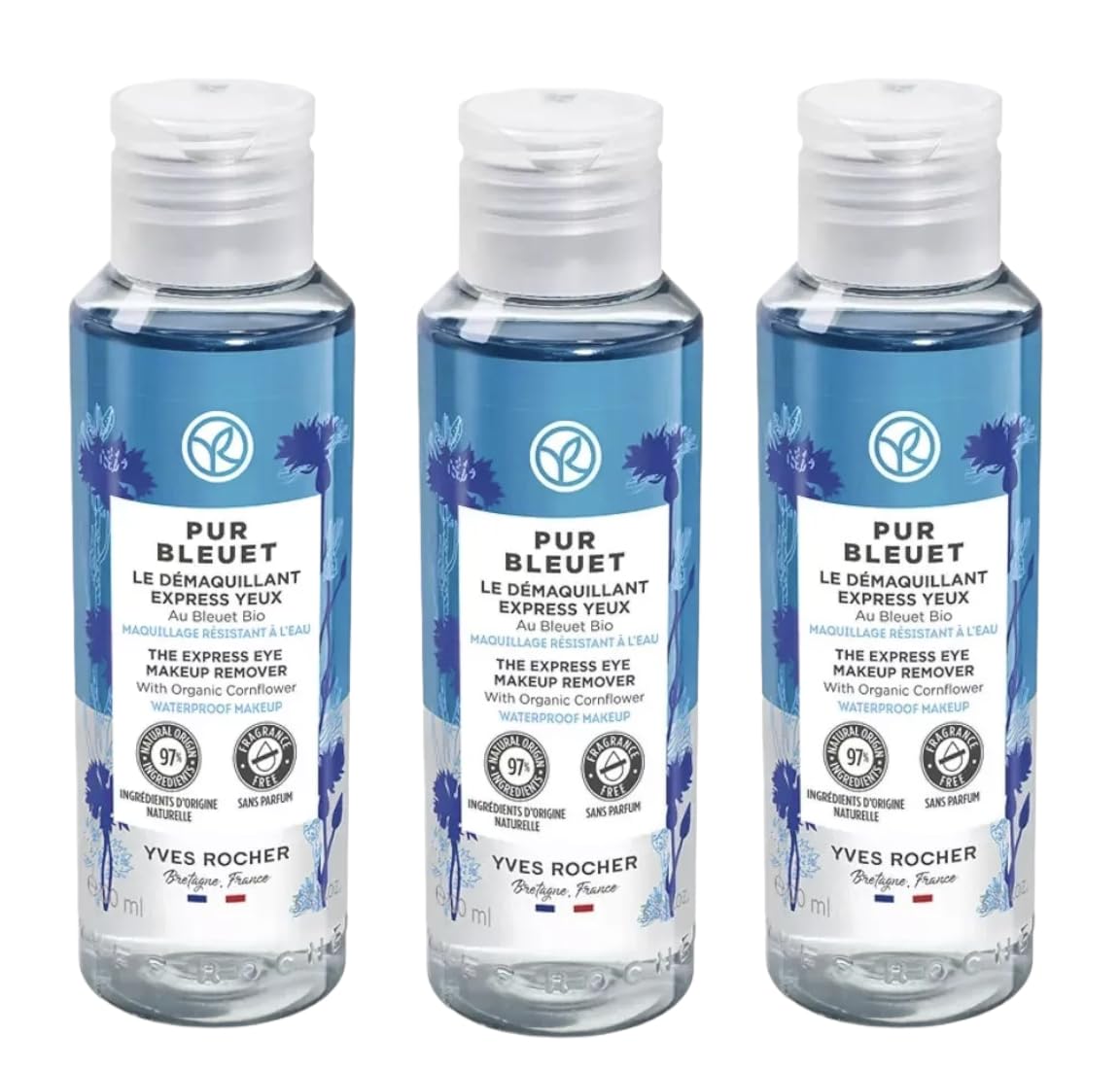 Yves Rocher Pur Bleuet Express Mooisturising Eye Makeup Remover Moisturising Day Care Set of 3-100 ml./3.3 fl.oz.