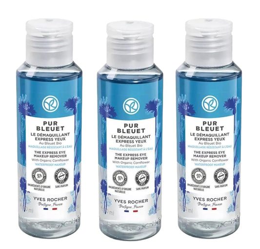 Yves Rocher Pur Bleuet Express Mooisturising Eye Makeup Remover Moisturising Day Care Set of 3-100 ml./3.3 fl.oz.