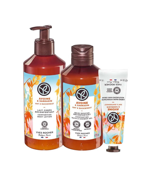 Yves Rocher Moisturising Oats & Buckwheat Shower Gel Body Nourishing Milk Perfumed Hand Cream Women Men Day Care 200 ml./6.7fl.oz. 390 ml./13.2 fl.oz. 30 ml./1 fl.oz. Set of 3 Best Gift Kit