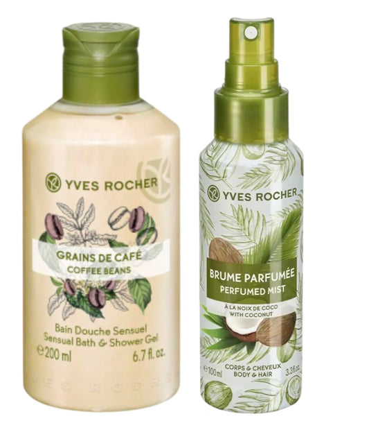 Yves Rocher Sensual Bath & Shower Gel Nourishing Moisturising - Coffee Beans and Coconut Body Spray Mist Set of 2 200 ml./6.7 fl.oz. 100 ml./3.3 fl.oz. Best Gift Kit