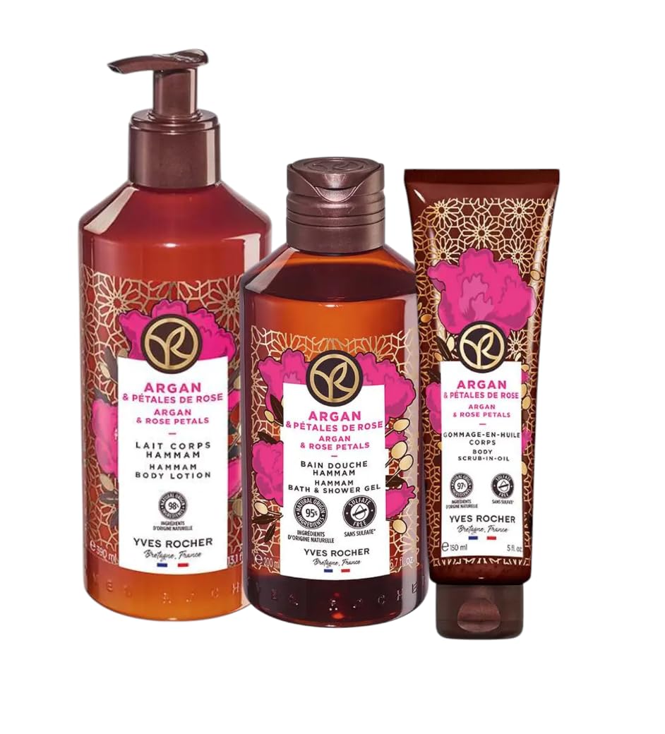 Yves Rocher Argan and Rose Petals Shower Gel Body Nourishing Milk Body Scrub Exfoliating Cream Women Day Care 200 ml./6.7fl.oz. 390 ml./13.2 fl.oz. 150 ml./5 fl.oz. Set of 3 Best Gift Kit